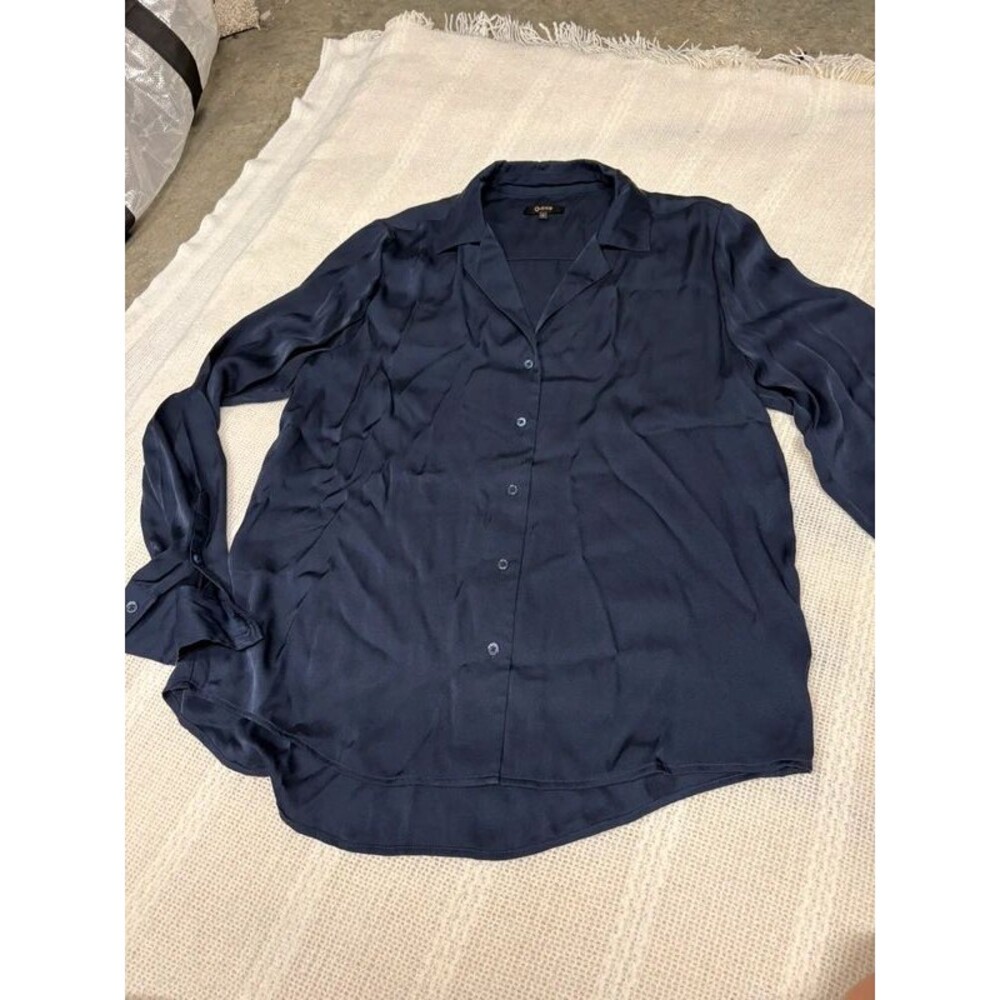 QUINCE 100% silk navy blouse : long sleeve top size large